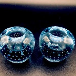 Pair Whitefriars Blue Art Glass Candle Holders Bullicante Bubbles Flawless
